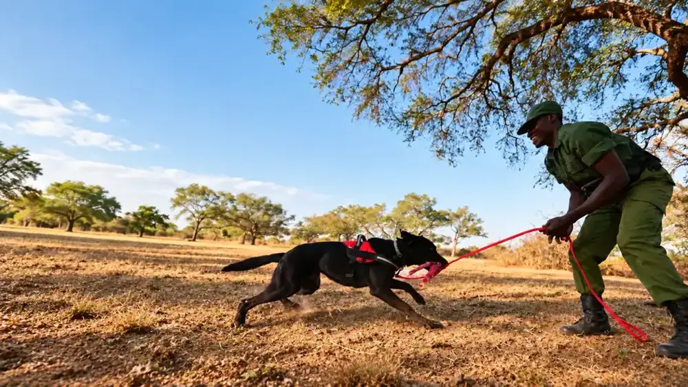 A detection dog works outdoors with a handler