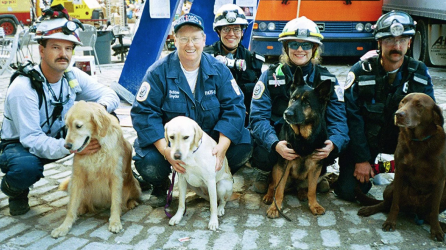 The canines and humans of Pennsylvania Task Force One at Ground Zero: (from left) Chris Selfridge and Riley, Bobbie Snyder and Willow, Cindy Otto, Rose DeLuca and Logan, and John Gilkey and Bear.
