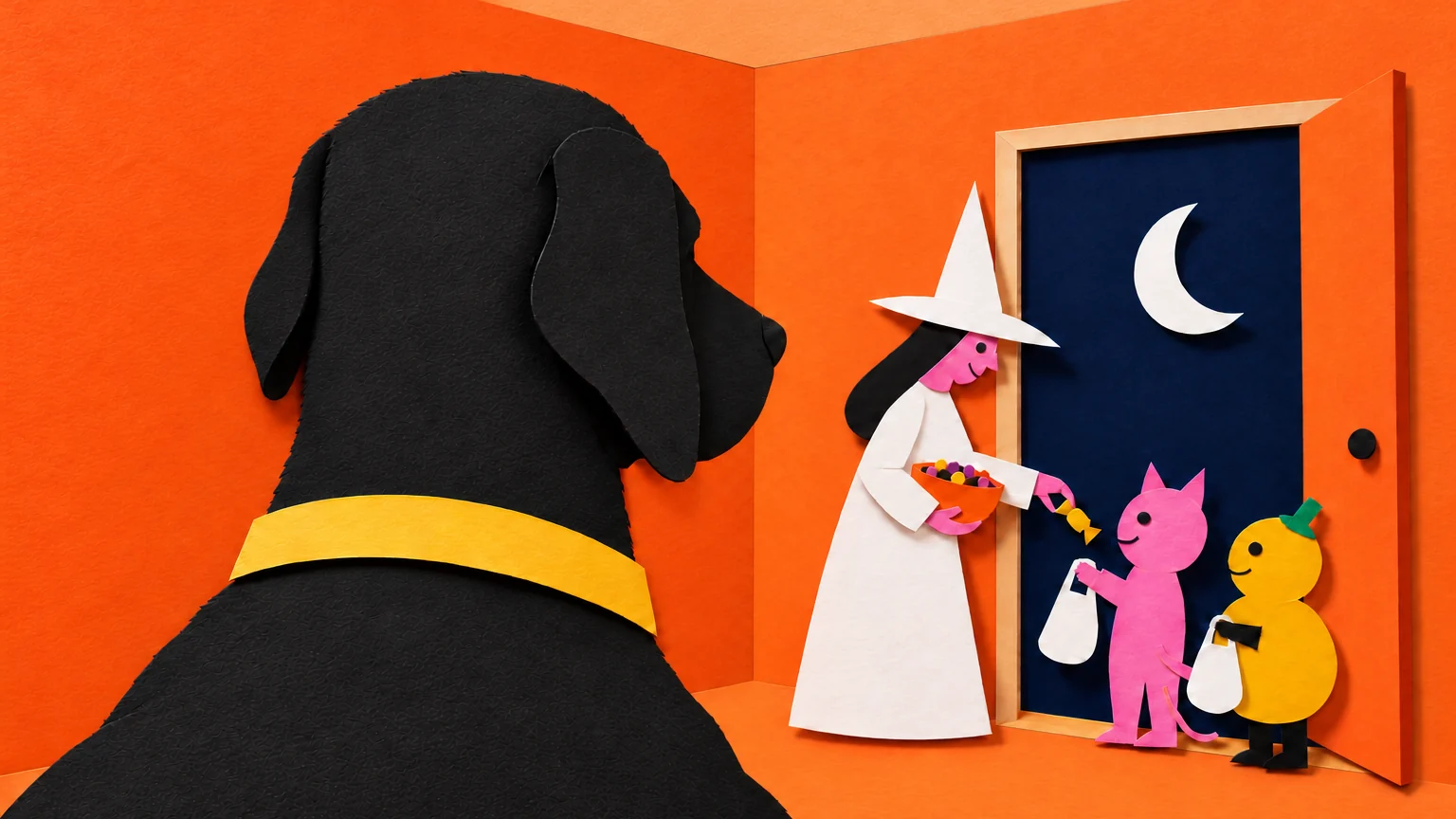A black Labrador watches a woman dressed as a white witch hand candy to two children at an open door, with a crescent moon outside.