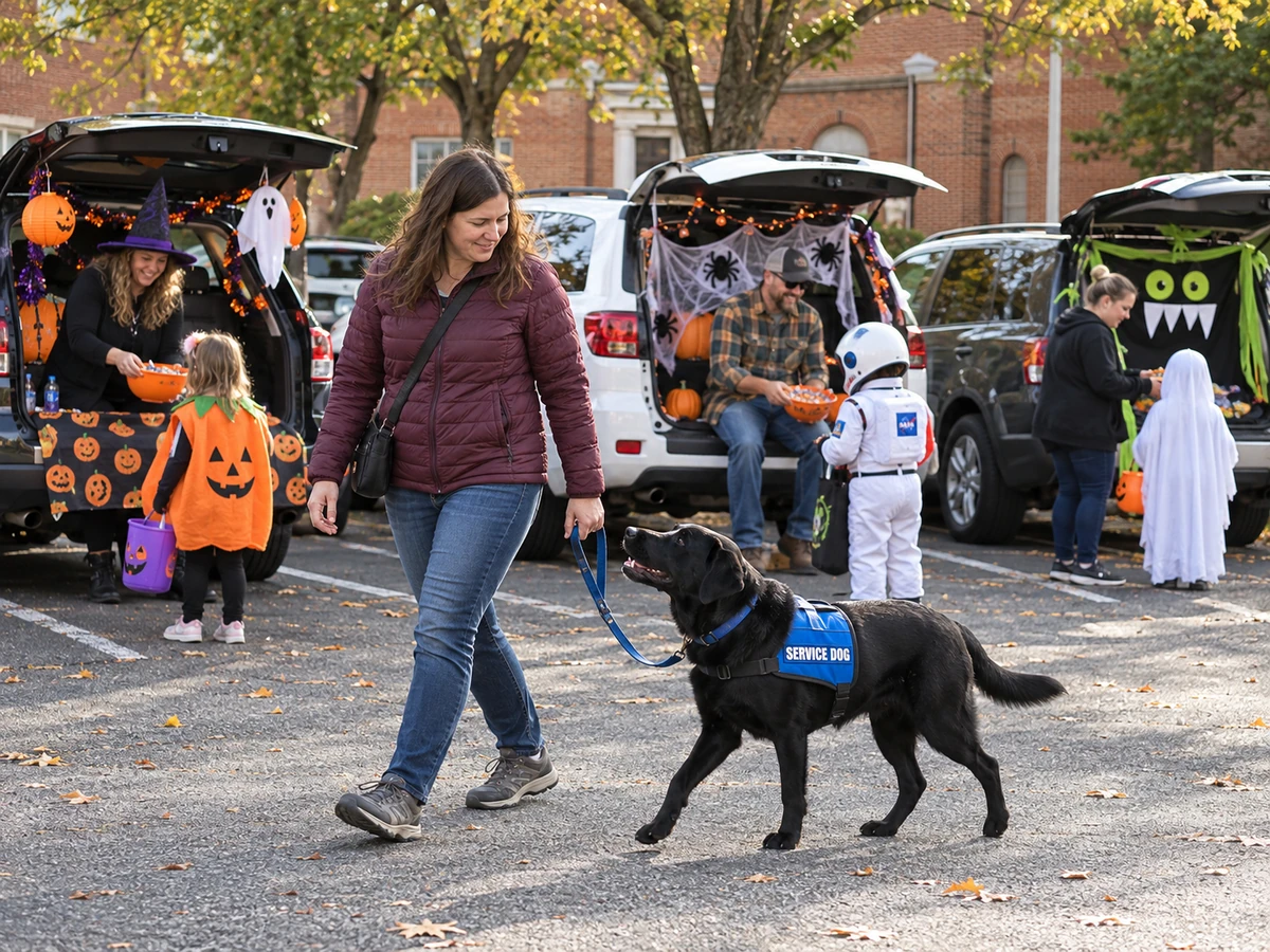 A handler walks with a black Labrador service dog past children and decorated cars at an outdoor trunk-or-treat.